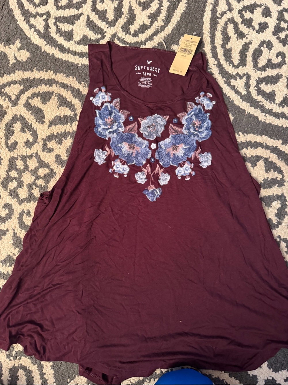 American Eagle Outfitters Burgundy Tank Top with Blue Floral Embroidery